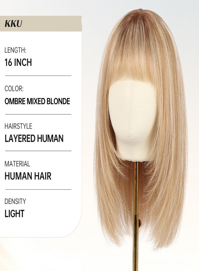 KKU 16 Inch Human Hair Wig with Bangs, Real Hair Wigs for Women,Wear Natural Realism (Ombre Mixed Blonde) - Image 2