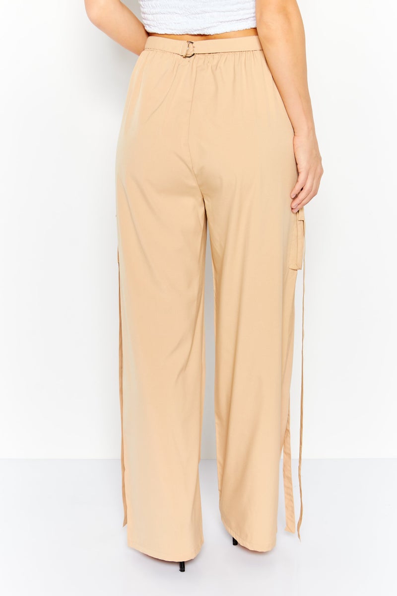 I SAW IT FIRST Women Regular Fit Plain Wide Leg Pants, Tan - Image 3