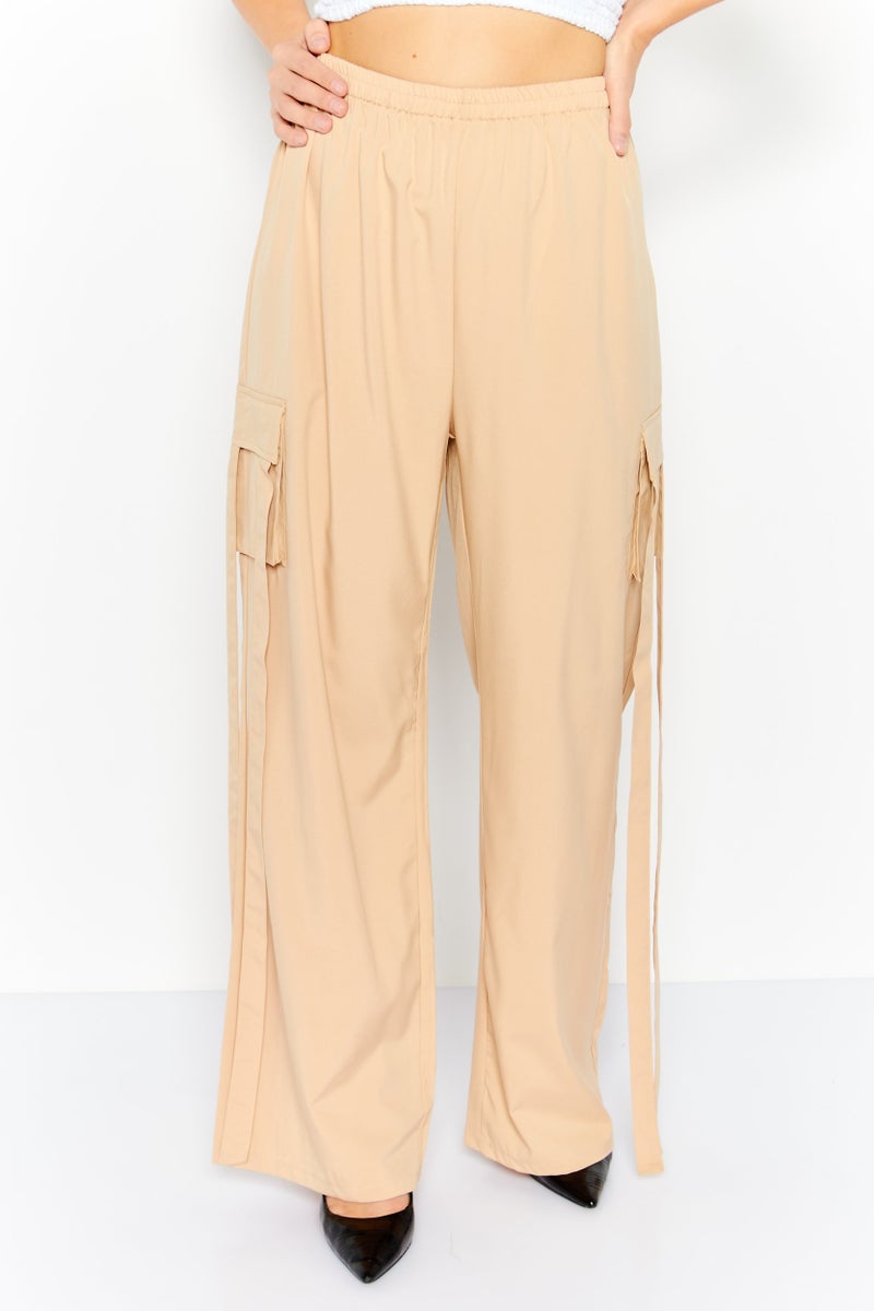 I SAW IT FIRST Women Regular Fit Plain Wide Leg Pants, Tan - Image 1