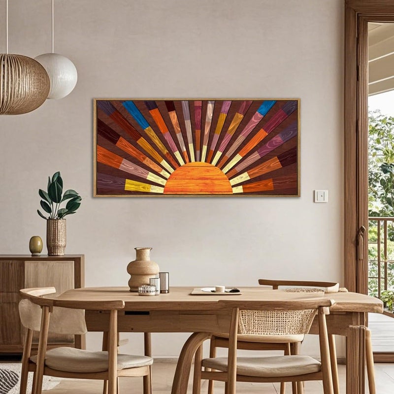 IARTTOP Extra Large Boho Sun Wood Wall Art for Living Room Wooden 3D Framed Abstract Sun Rising on the Horizon Geometric Wall Decor Mid century Sunshine Artwork Home Bedroom Office20 * 40 Inch - Image 3