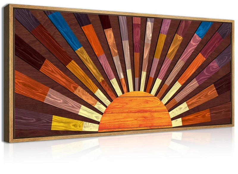 IARTTOP Extra Large Boho Sun Wood Wall Art for Living Room Wooden 3D Framed Abstract Sun Rising on the Horizon Geometric Wall Decor Mid century Sunshine Artwork Home Bedroom Office20 * 40 Inch - Image 1