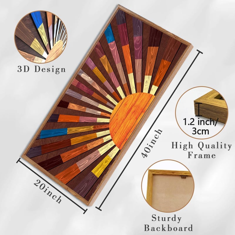IARTTOP Extra Large Boho Sun Wood Wall Art for Living Room Wooden 3D Framed Abstract Sun Rising on the Horizon Geometric Wall Decor Mid century Sunshine Artwork Home Bedroom Office20 * 40 Inch - Image 4