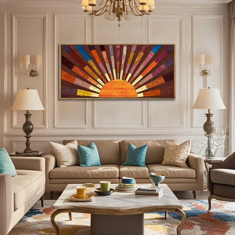 IARTTOP Extra Large Boho Sun Wood Wall Art for Living Room Wooden 3D Framed Abstract Sun Rising on the Horizon Geometric Wall Decor Mid century Sunshine Artwork Home Bedroom Office20 * 40 Inch - Image 2