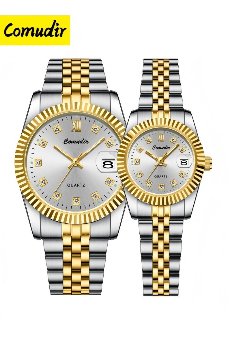 كومودير الفولاذ المقاوم للصدأ حزام زوجين الكوارتز ووتش مجموعة، التناظرية عرض جولة الهاتفي مع أحجار الراين الديكور، الفاخرة مضيئة للماء التقويم ووتش هدية للرجال والنساء - Image 1