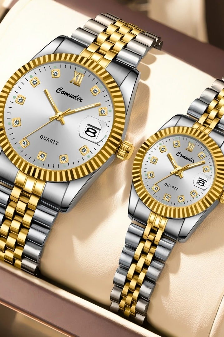 كومودير الفولاذ المقاوم للصدأ حزام زوجين الكوارتز ووتش مجموعة، التناظرية عرض جولة الهاتفي مع أحجار الراين الديكور، الفاخرة مضيئة للماء التقويم ووتش هدية للرجال والنساء - Image 4