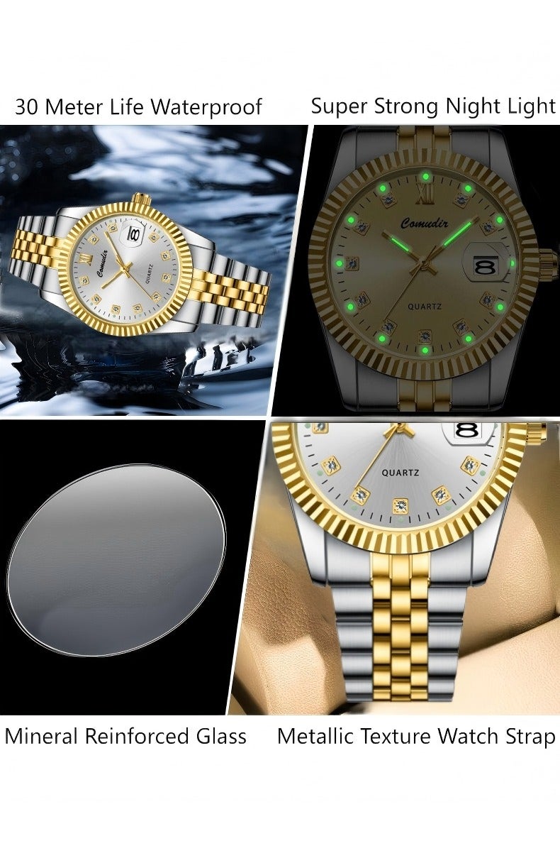 كومودير الفولاذ المقاوم للصدأ حزام زوجين الكوارتز ووتش مجموعة، التناظرية عرض جولة الهاتفي مع أحجار الراين الديكور، الفاخرة مضيئة للماء التقويم ووتش هدية للرجال والنساء - Image 5