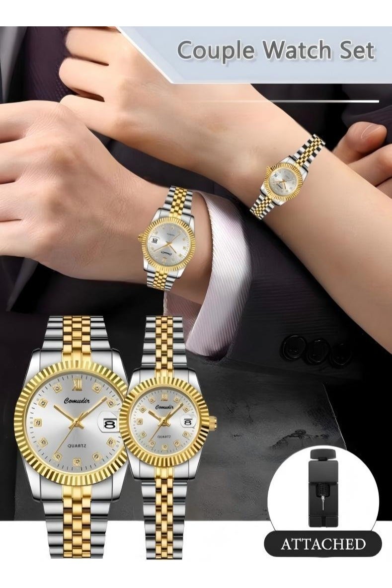 كومودير الفولاذ المقاوم للصدأ حزام زوجين الكوارتز ووتش مجموعة، التناظرية عرض جولة الهاتفي مع أحجار الراين الديكور، الفاخرة مضيئة للماء التقويم ووتش هدية للرجال والنساء - Image 2