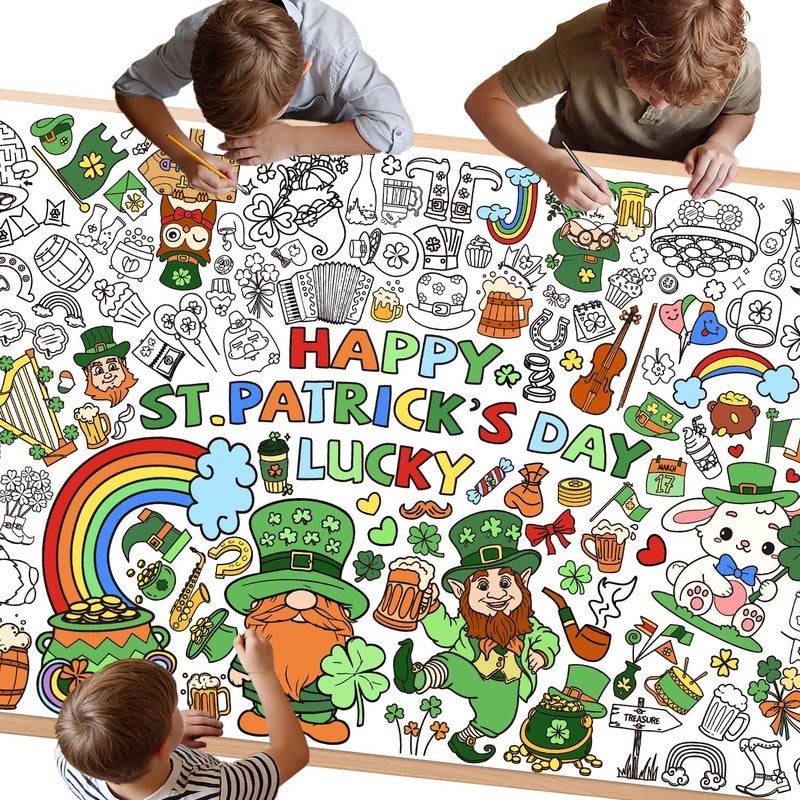 Actilize St. Patrick's Day Coloring Poster, 32 x 71 Inch Versatile Paper Coloring Tablecloth, St Pattys Day Crafts, Party Decorations - Image 1