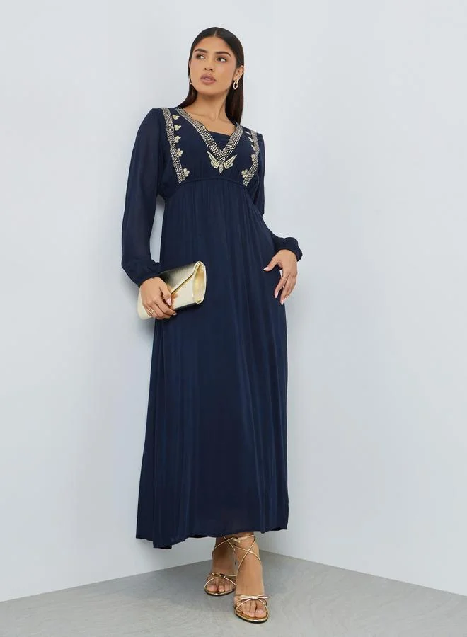 Amirah  Navy Blue Embroidered Jalabiya with Inner Dress for Women | Best Price UAE
