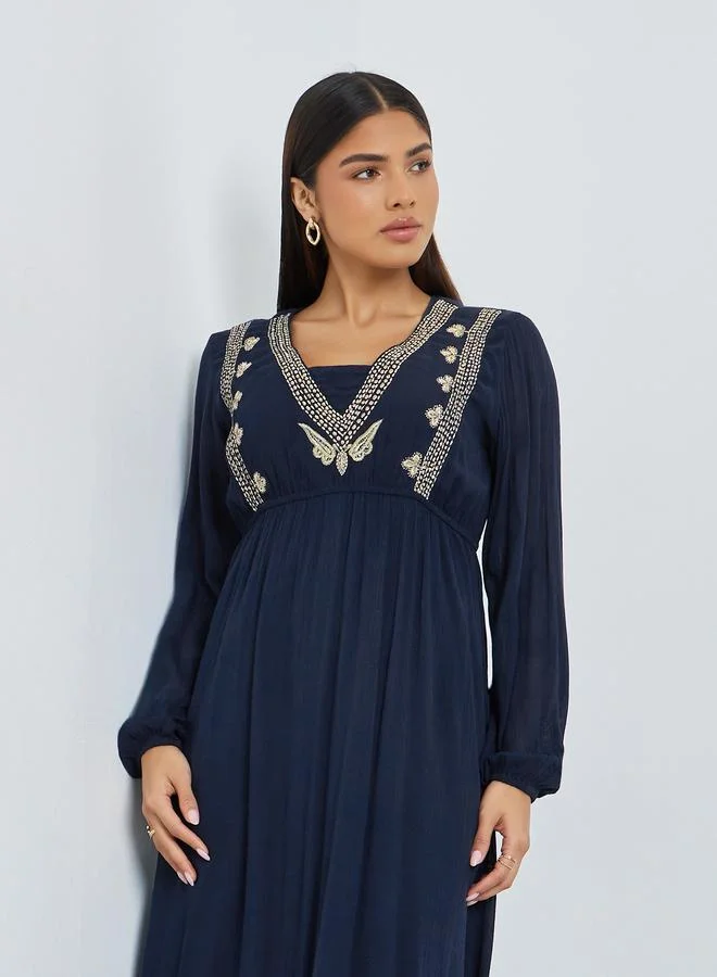 Amirah  Navy Blue Embroidered Jalabiya with Inner Dress for Women | Best Price UAE