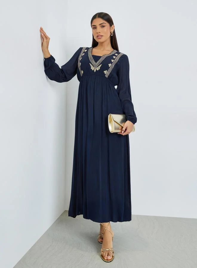 Navy Blue Embroidered Jalabiya with Inner Dress
