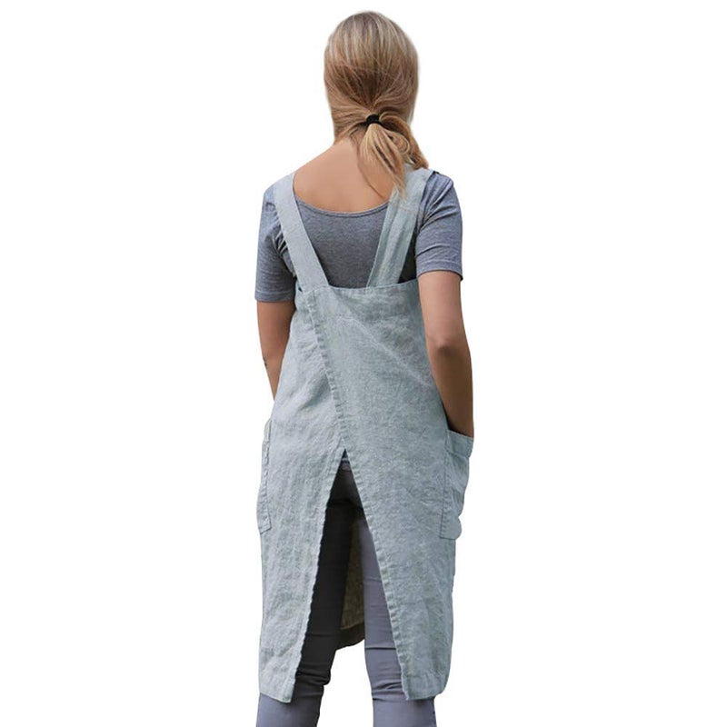 Larmliss Women 's Pinafore Square Apron Baking Cooking Gardening Works Cross Back Cotton/Linen Blend Dress with 2 Pockets Light Blue-M - Image 5