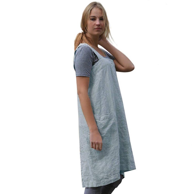 Larmliss Women 's Pinafore Square Apron Baking Cooking Gardening Works Cross Back Cotton/Linen Blend Dress with 2 Pockets Light Blue-M - Image 4