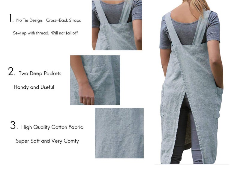 Larmliss Women 's Pinafore Square Apron Baking Cooking Gardening Works Cross Back Cotton/Linen Blend Dress with 2 Pockets Light Blue-M - Image 3