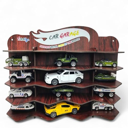 Fiddlys Wooden Toy Car Display Shelf | “Car Garage” Organizer for 15 Cars | Premium Wood Finish Desktop or Wall Rack for Kids | Ideal Storage for Hot Wheels & Mini Cars (Car Desktop-Brown) - Image 1