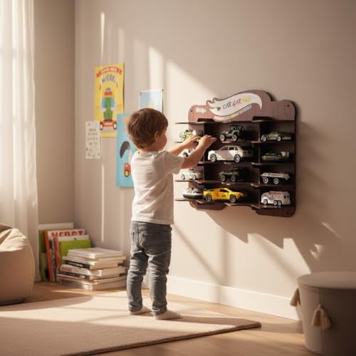 Fiddlys Wooden Toy Car Display Shelf | “Car Garage” Organizer for 15 Cars | Premium Wood Finish Desktop or Wall Rack for Kids | Ideal Storage for Hot Wheels & Mini Cars (Car Desktop-Brown) - Image 5