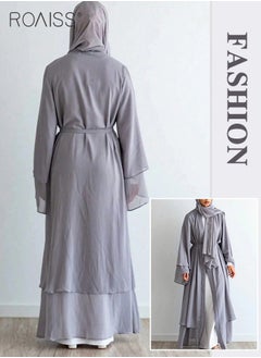 roaiss Solid Color Double Layered Chiffon Muslim Abaya Dress for Women's Daily Commuting Banquet Formal Occasion Cardigan Robe Paired With Same Color Buckle Belt (excluding matching dress and headscarf)  - Image 4