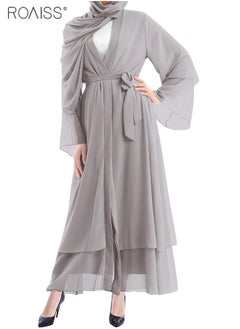 roaiss Solid Color Double Layered Chiffon Muslim Abaya Dress for Women's Daily Commuting Banquet Formal Occasion Cardigan Robe Paired With Same Color Buckle Belt (excluding matching dress and headscarf)  - Image 5