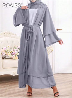 roaiss Solid Color Double Layered Chiffon Muslim Abaya Dress for Women's Daily Commuting Banquet Formal Occasion Cardigan Robe Paired With Same Color Buckle Belt (excluding matching dress and headscarf)  - Image 3