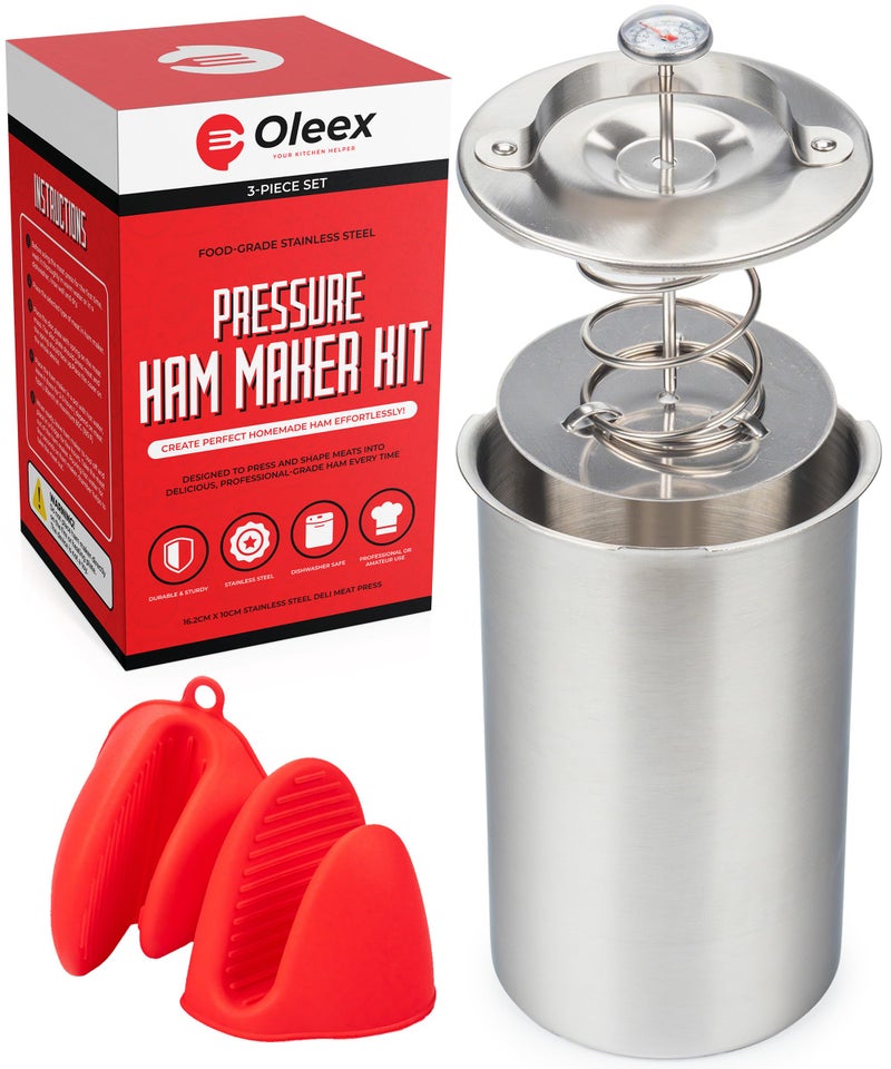OLEEX YOUR KITCHEN HELPER Oleex Lunch Meat Press Mold for Deli MeatsHomemade Ham Maker Meat Press Tool with Cooking Thermometer Silicone Kitchen MittensMultipurpose Stainless Steel Pressure Sandwich Lunchmeat Press Maker