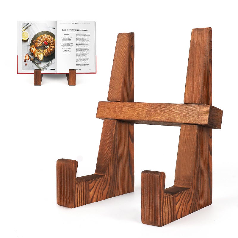 DEBETOOL Cookbook Stand for Kitchen - 8.8 inch Wooden Cookbook Holder for Kitchen Counter Decor, Multifunctional Recipe Book Stand, Rustic Brown Recipe Book Holder Stand - Image 1