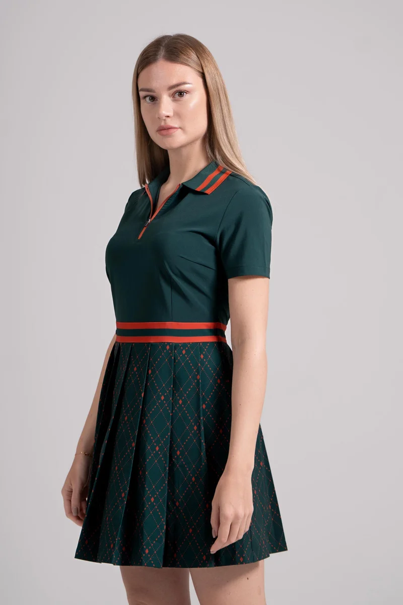 إي جي إل EGL Women's Golf Dress - Green with Maroon Stripes - Athletic Fit