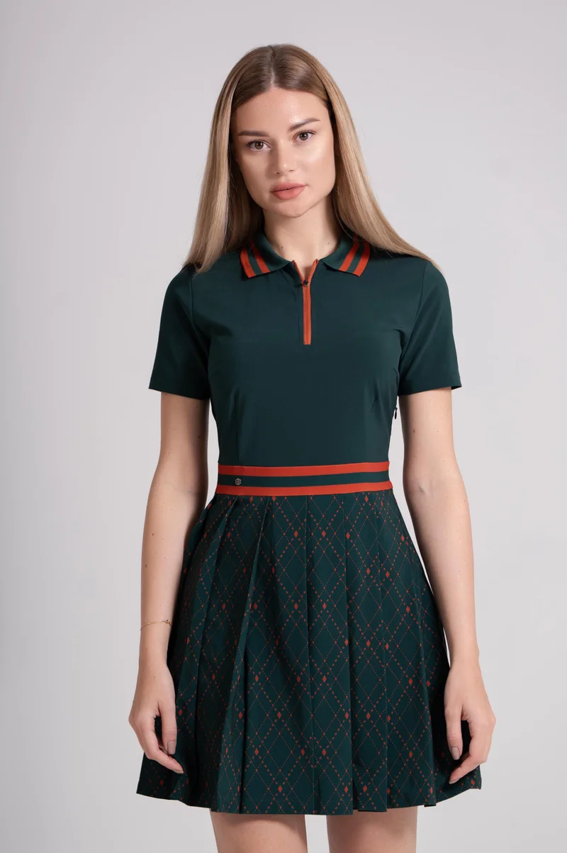 إي جي إل EGL Women's Golf Dress - Green with Maroon Stripes - Athletic Fit