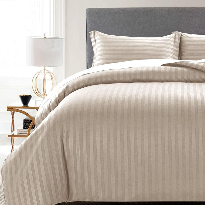MOONLIGHT20015 Single Duvet Cover Set Reversible Stripes Satin Bedding Set with Pillowcase Soft Hypoallergenic Duvet Covers (Beige 135x200 CM) - Image 5