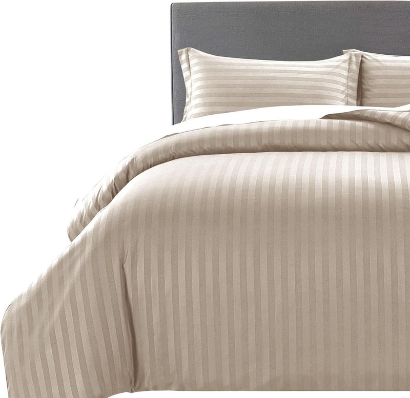 MOONLIGHT20015 Single Duvet Cover Set Reversible Stripes Satin Bedding Set with Pillowcase Soft Hypoallergenic Duvet Covers (Beige 135x200 CM) - Image 1