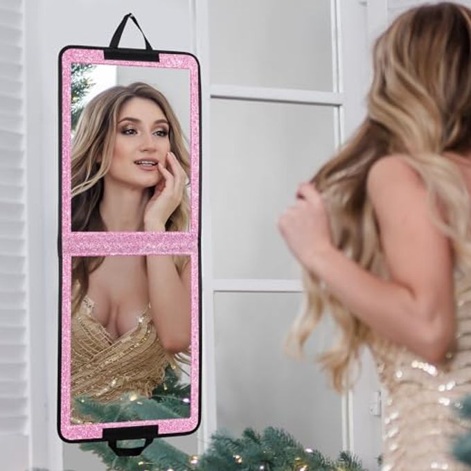 LPHUMEX Glitter Purple Folding Full Length Mirror, 13x33 inch Foldable Travel Body Mirror for Dance, Festivals, Fair Booth - Image 1