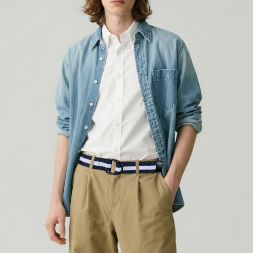 maikun Mens & Womens Canvas Belt with Black D-ring 1 1/2" Wide, Cloth Dark Blue & White Mens Belt, Length 120cm - Image 2
