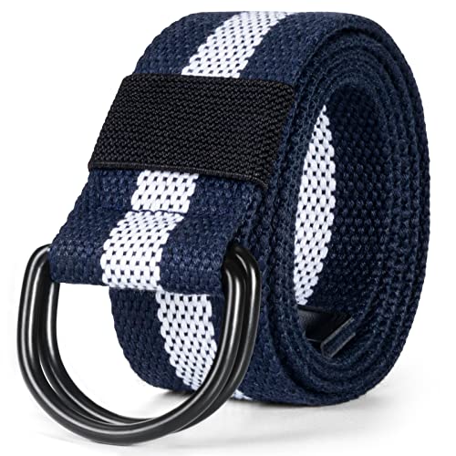maikun Mens & Womens Canvas Belt with Black D-ring 1 1/2" Wide, Cloth Dark Blue & White Mens Belt, Length 120cm - Image 1