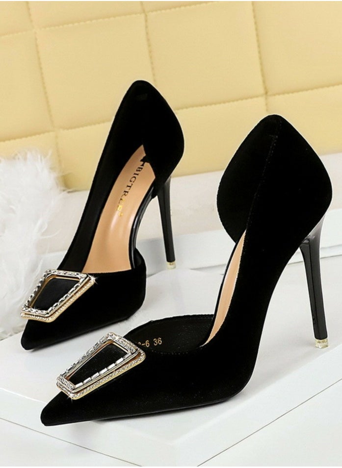 BIGTREE Women's Velour Closed Pointed Toe High Heels Party Stiletto Pumps Black 10.5CM  - Image 1