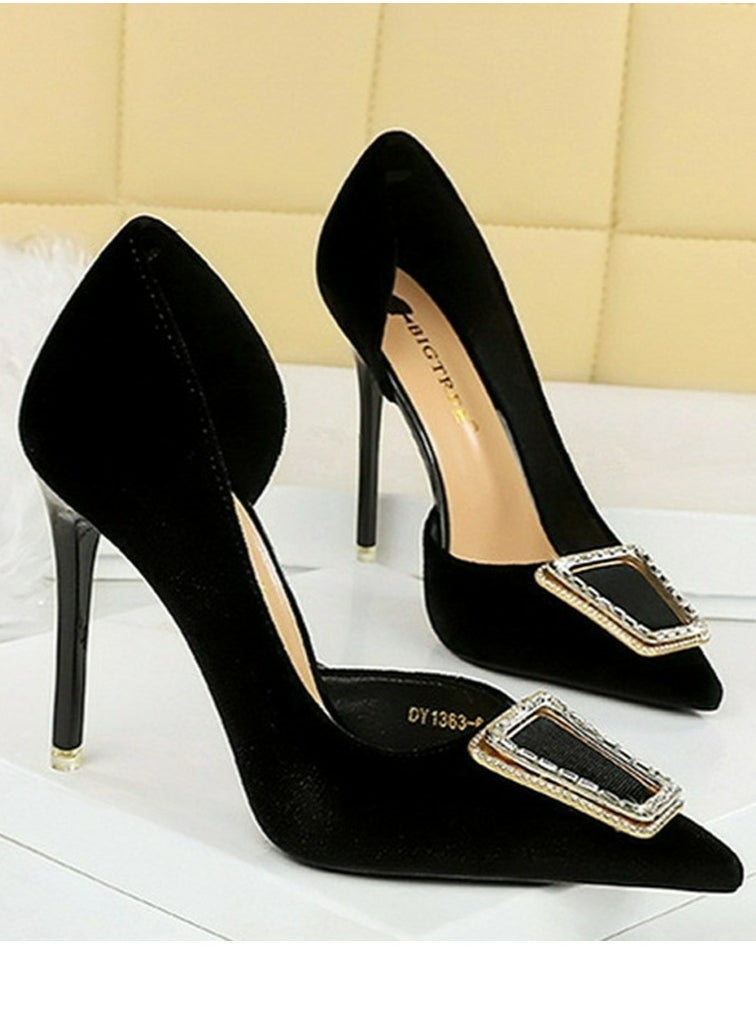 BIGTREE Women's Velour Closed Pointed Toe High Heels Party Stiletto Pumps Black 10.5CM  - Image 2