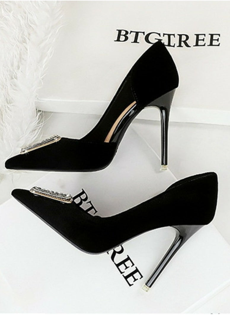 BIGTREE Women's Velour Closed Pointed Toe High Heels Party Stiletto Pumps Black 10.5CM  - Image 3