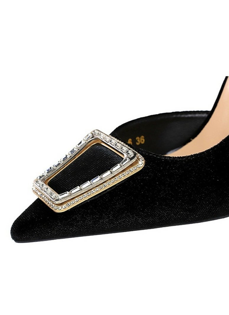 BIGTREE Women's Velour Closed Pointed Toe High Heels Party Stiletto Pumps Black 10.5CM  - Image 4