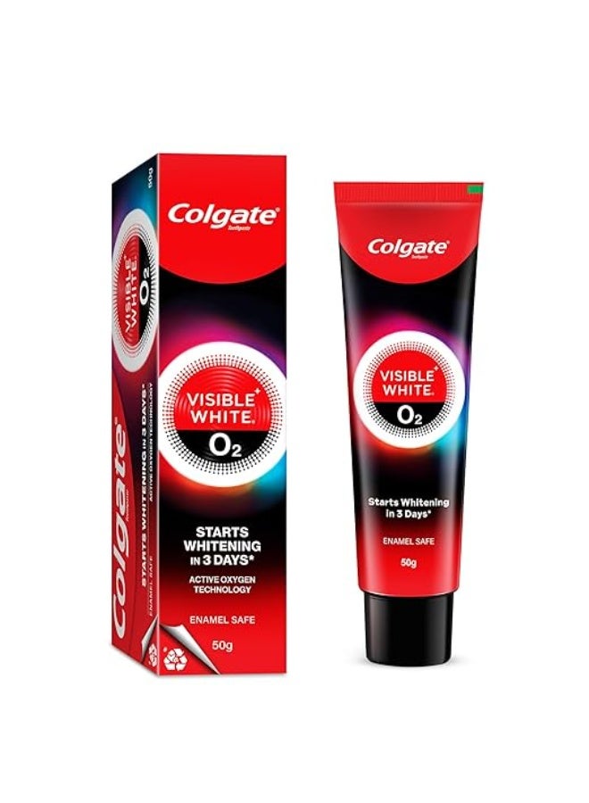 Colgate Visible White O2, Teeth Whitening Toothpaste (50g) for noticeably whiter teeth starting in 3 days with Active Technology, Enamel Safe Teeth Whitening & Fresh Breath - Image 1
