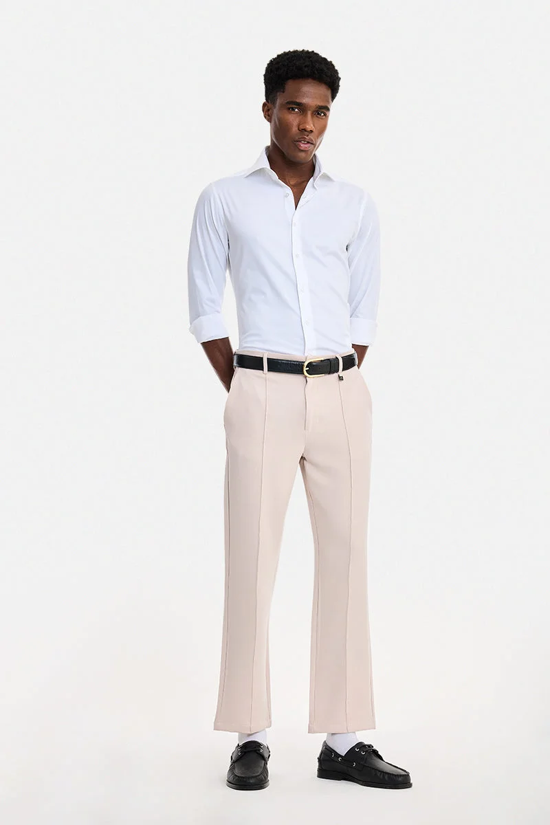 SNITCH Beige Textured Straight Fit Formal Trousers