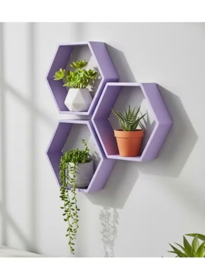 هابي هوم مجموعة من 6 رفوف حائطية سداسية الشكل بتصميم خلية النحل العصري – أرفف ديكور أنيقة لتزيين الجدران في غرفة المعيشة والنوم والممر – منظم حائط عملي لتخزين الديكورات والعطور والنباتات الصغيرة، تركيب سهل وجودة عالية 25X25 سم- بنفسجي غامق - Image 1