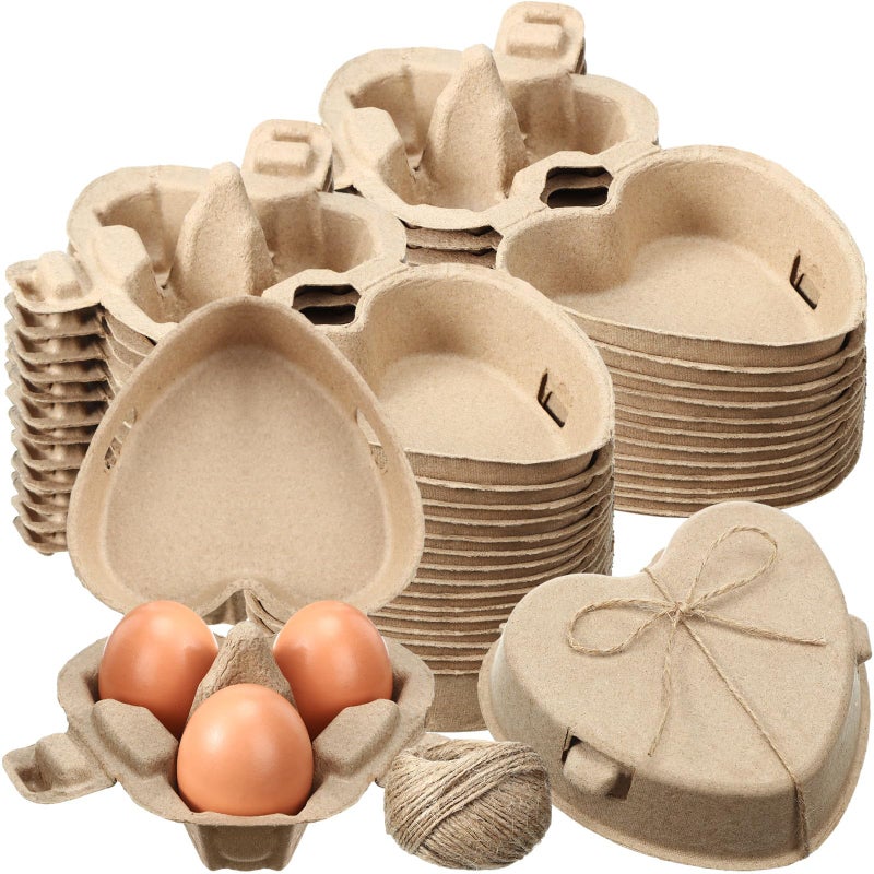 FoldTier 30 Pcs Heart Shaped Eggs Cartons 3 Count Natural Paper Pulp Egg Cartons with Jute Rope Reusable Cardboard Storage Baskets Holder Tray for Kitchen Easter Holiday Gifts Market Farm - Image 2