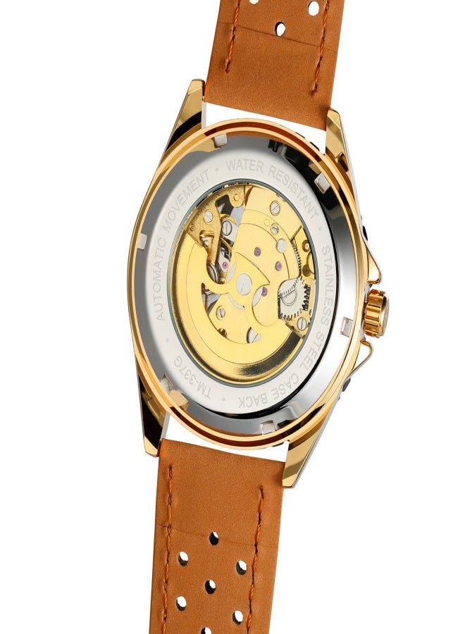 فورسينينج ساعة رجالية أوتوماتيكية ميكانيكية بحزام جلدي، تصميم كلاسيكي بمينا هيكلي، ساعة يد مضيئة - Image 3