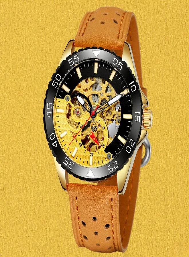 فورسينينج ساعة رجالية أوتوماتيكية ميكانيكية بحزام جلدي، تصميم كلاسيكي بمينا هيكلي، ساعة يد مضيئة - Image 1