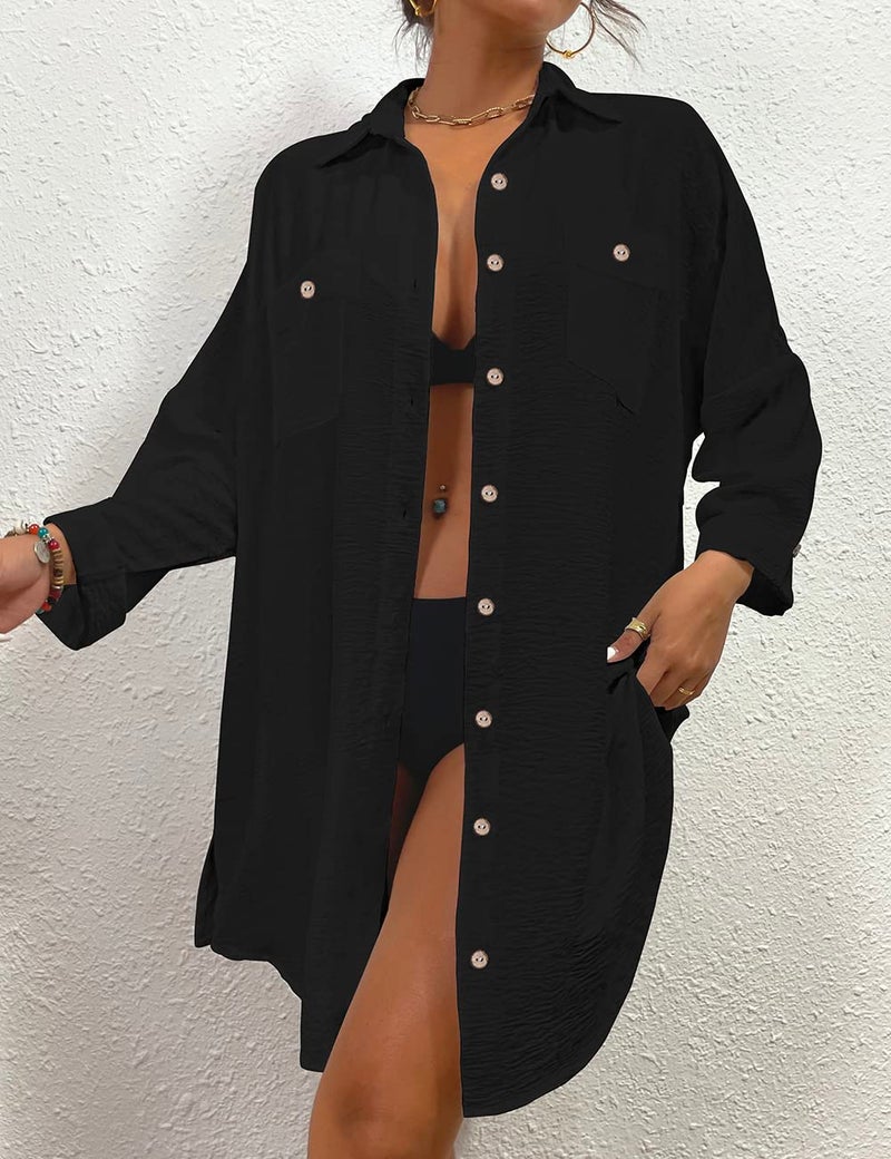 Bsubseach Womens Modern Swimsuit Cover Up Blouse Button Down Shirt Dresses Tops Black XL - Image 4