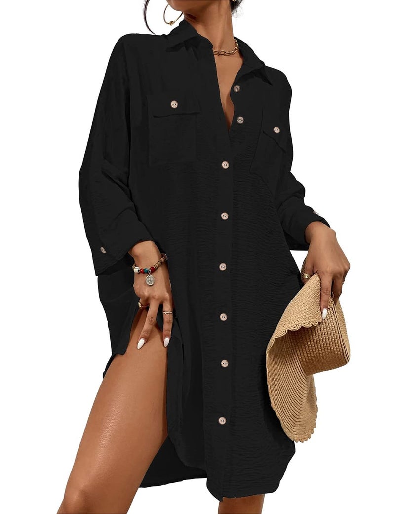 Bsubseach Womens Modern Swimsuit Cover Up Blouse Button Down Shirt Dresses Tops Black XL - Image 1