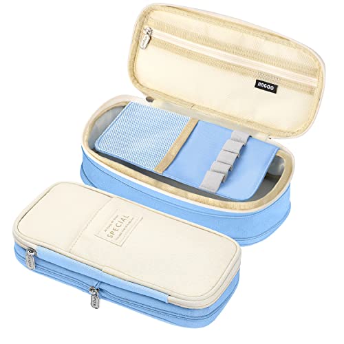 LHMTQVK Large Pencil Case Pencil Pouch Can Expand Pencil Bag Big Capacity Pencil Bag Large Storage Pouch Pencil Case Aesthetic Pencil Cases for Adults Cute Pencil Pouch (Light Blue Beige) - Image 1
