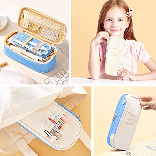 LHMTQVK Large Pencil Case Pencil Pouch Can Expand Pencil Bag Big Capacity Pencil Bag Large Storage Pouch Pencil Case Aesthetic Pencil Cases for Adults Cute Pencil Pouch (Light Blue Beige) - Image 5