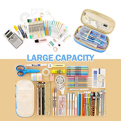 LHMTQVK Large Pencil Case Pencil Pouch Can Expand Pencil Bag Big Capacity Pencil Bag Large Storage Pouch Pencil Case Aesthetic Pencil Cases for Adults Cute Pencil Pouch (Light Blue Beige) - Image 2