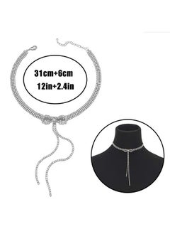 ELABEST Rhinestone Bow Necklace Crystal Bowknot Pendant Choker Dainty Tennis Chain Nightclub Party Jewelry For Women (Silver)  - Image 2