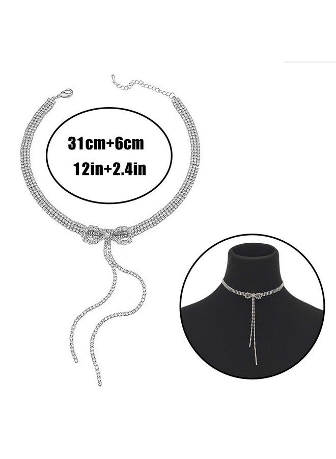 ELABEST قلادة قوس من الكريستال مع حبات الراين، قلادة تشوكر، سلسلة تنس رقيقة، مجوهرات حفلات النوادي الليلية للنساء (فضي) - Image 2