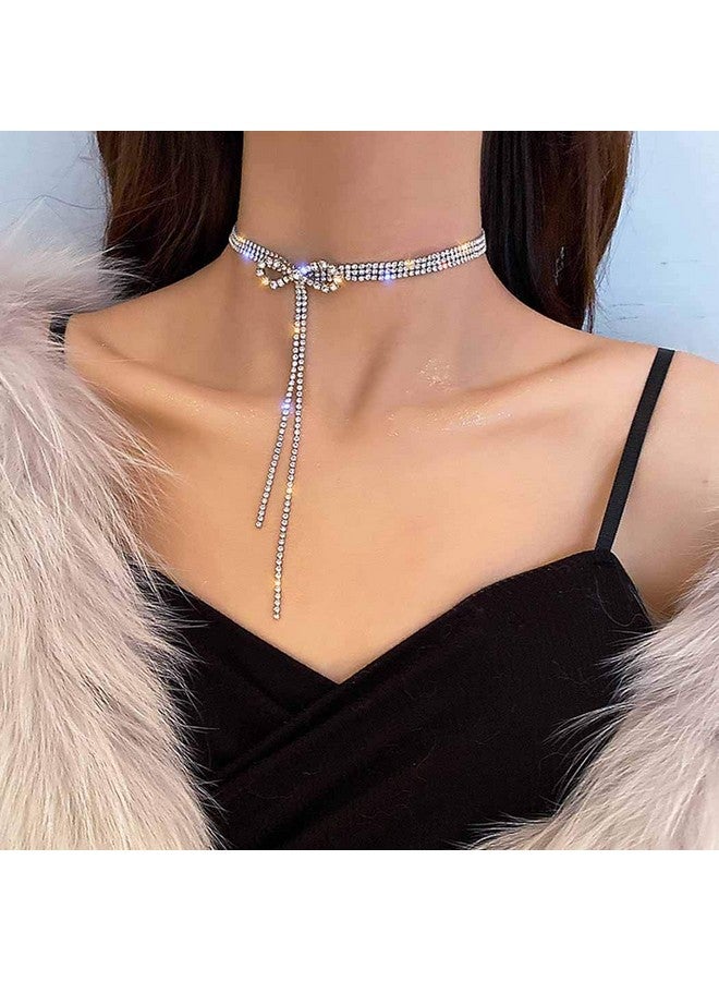 ELABEST قلادة قوس من الكريستال مع حبات الراين، قلادة تشوكر، سلسلة تنس رقيقة، مجوهرات حفلات النوادي الليلية للنساء (فضي) - Image 3